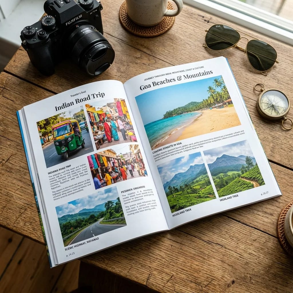 A printed A4 magazine open on a table